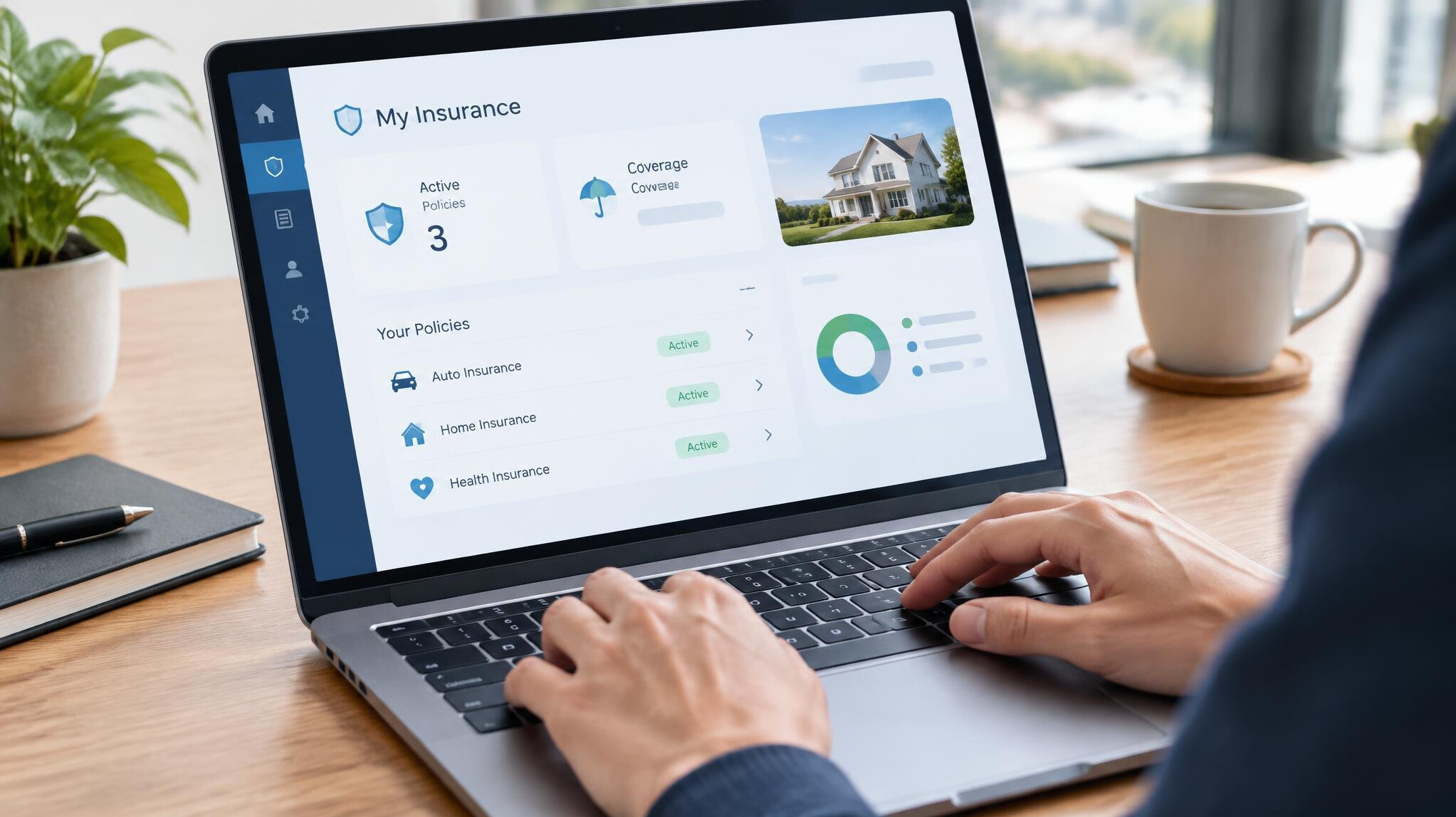 Hands typing on laptop with insurance dashboard